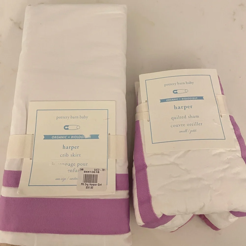 Pottery Barn Harper White Crib Skirt and quilted pillow sham Lavender Trim nwt